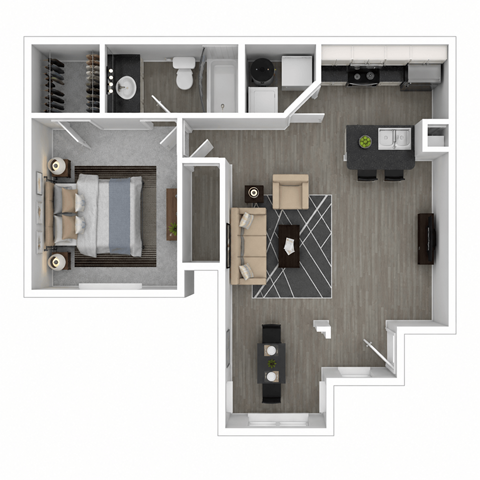 Floor plan for 1 bed, 1 bath, 763 sqft